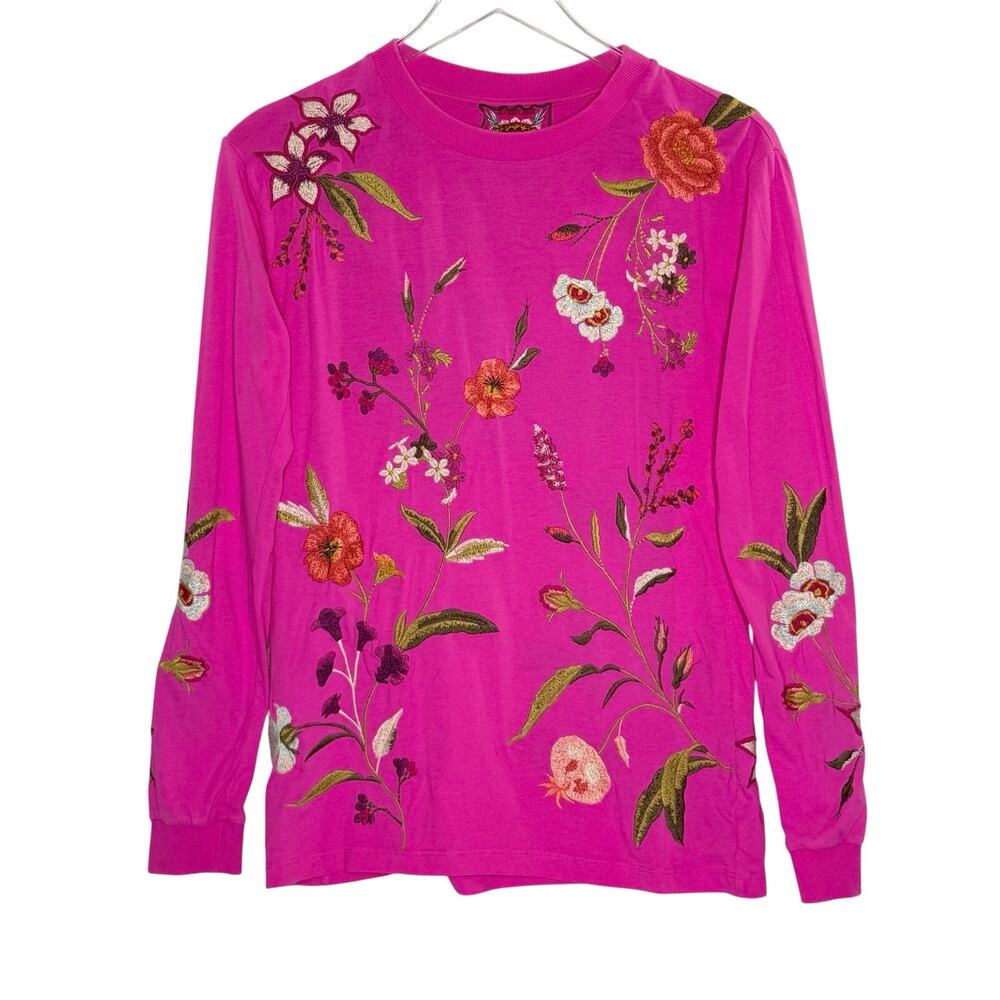 Johnny Was Flore Long Sleeve Tee XS Pink Embroidered Coquette Boho Floral